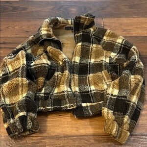 SHEIN Checkered Teddy Jacket - Tan and Black